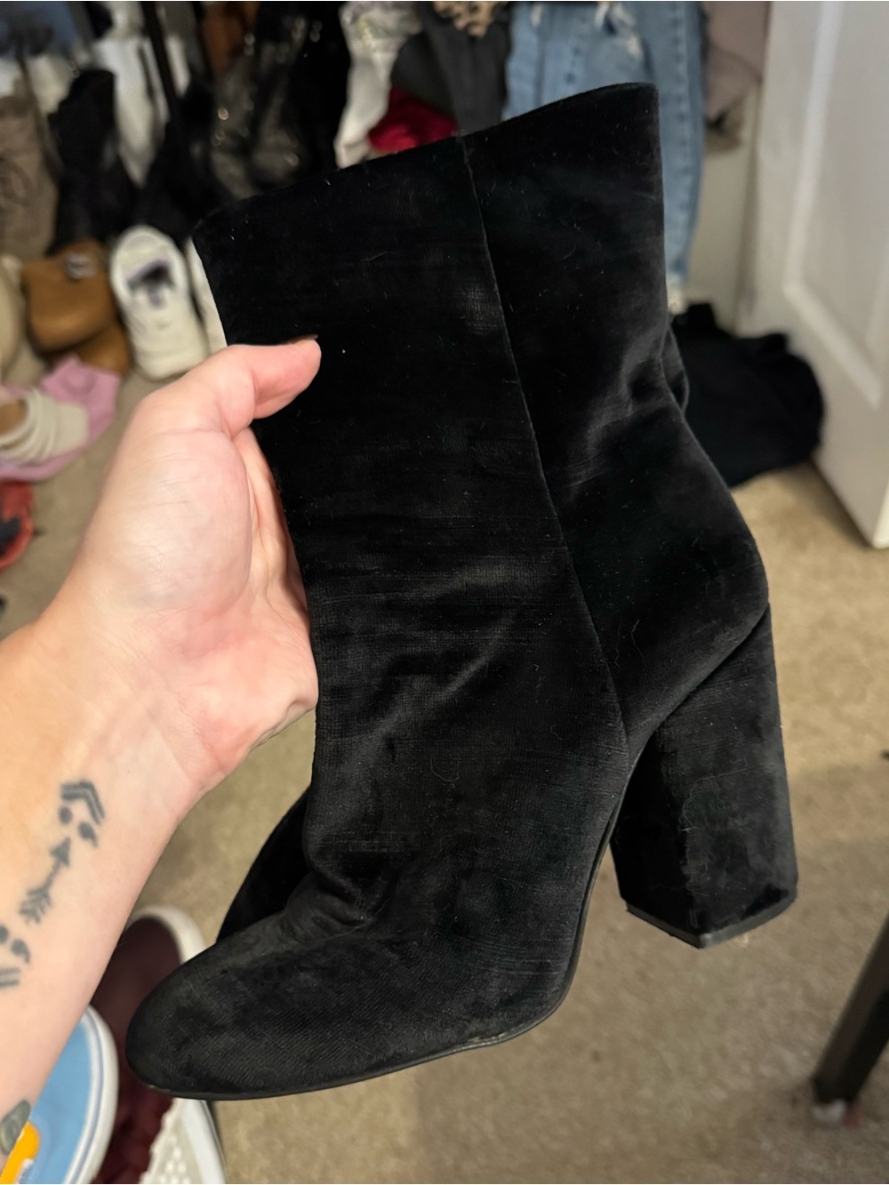 Black Velvet Block Heel Ankle Boots